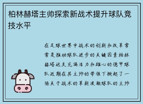 柏林赫塔主帅探索新战术提升球队竞技水平