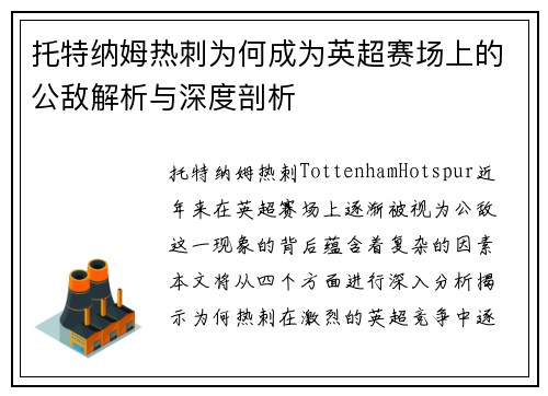 托特纳姆热刺为何成为英超赛场上的公敌解析与深度剖析