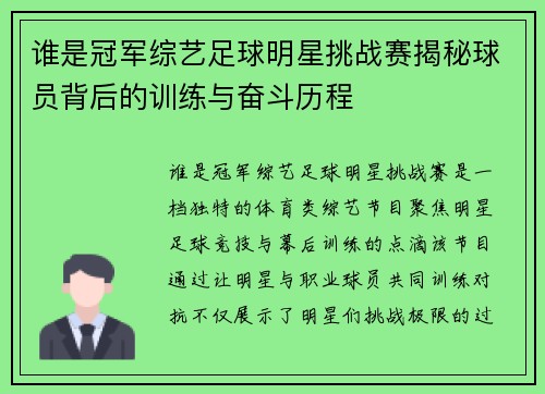 谁是冠军综艺足球明星挑战赛揭秘球员背后的训练与奋斗历程